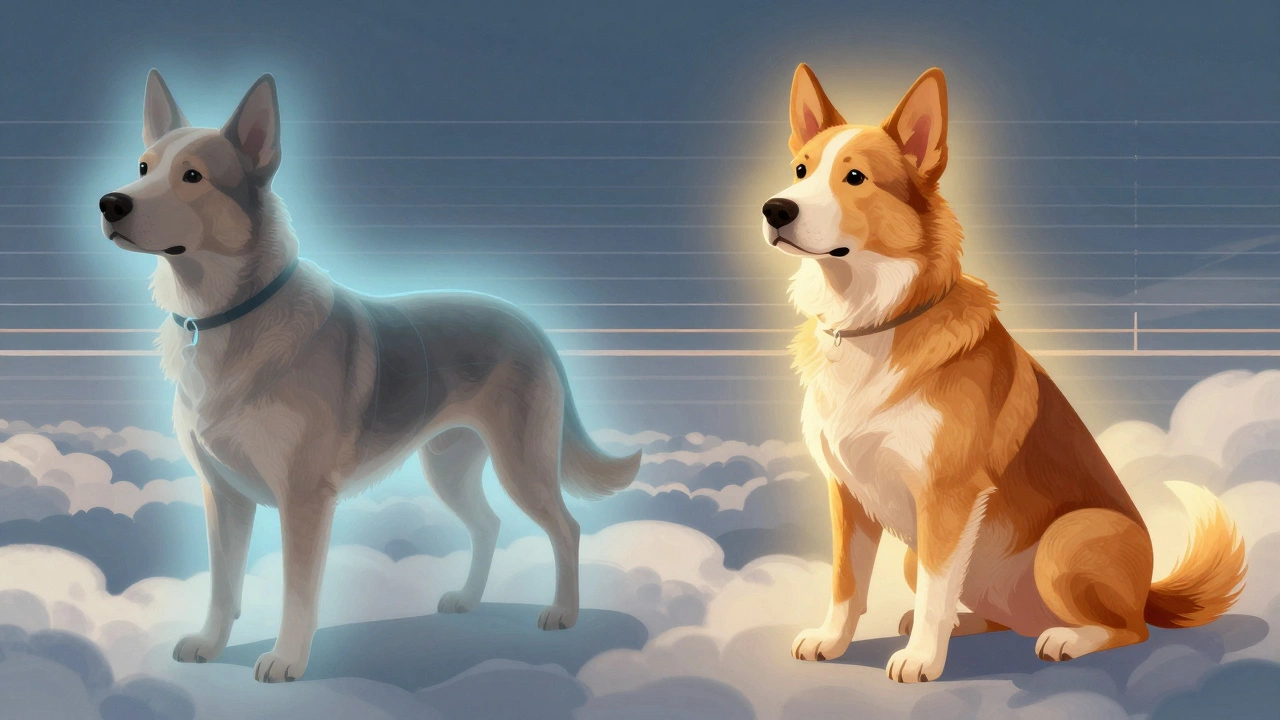 Conceptual art contrasting the risks of heavy sedation versus natural calming aids for dogs.