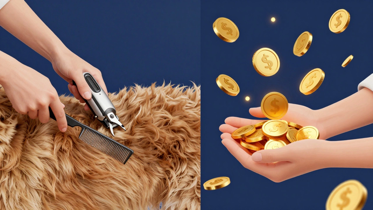 Conceptual art showing grooming tools and golden coins representing the value of a groomer's work