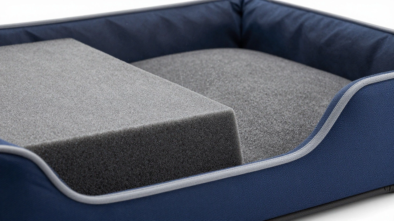 Cross-section of an orthopedic dog bed showing memory foam and durable fabric layers.
