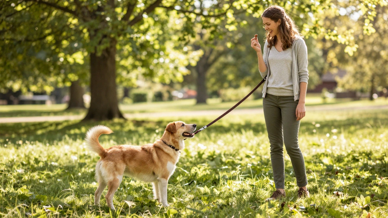 Happy dog on a long training leash in a sunlit park with its owner