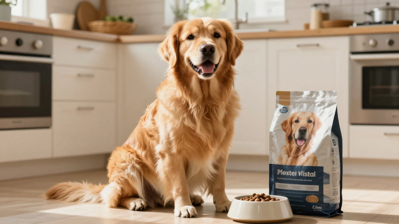 Happy Golden Retriever sitting next to its dog food in a sunny kitchen