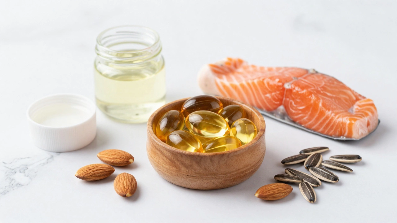 Natural dog skin and coat supplements including salmon oil and coconut oil on a marble surface