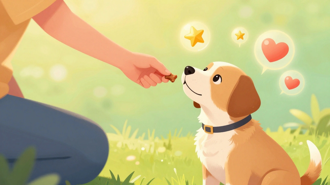 Puppy receiving a treat from an owner during positive reinforcement training