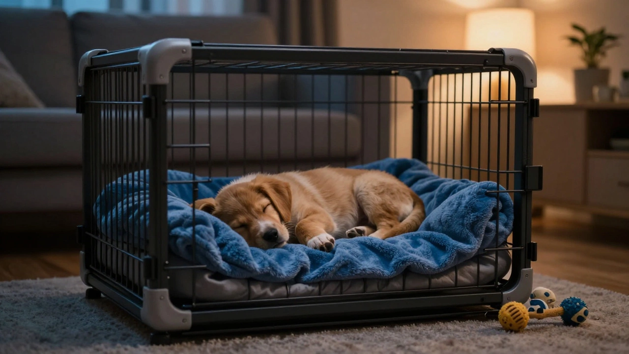 Puppy sleeping peacefully inside a comfortable crate in a dim room