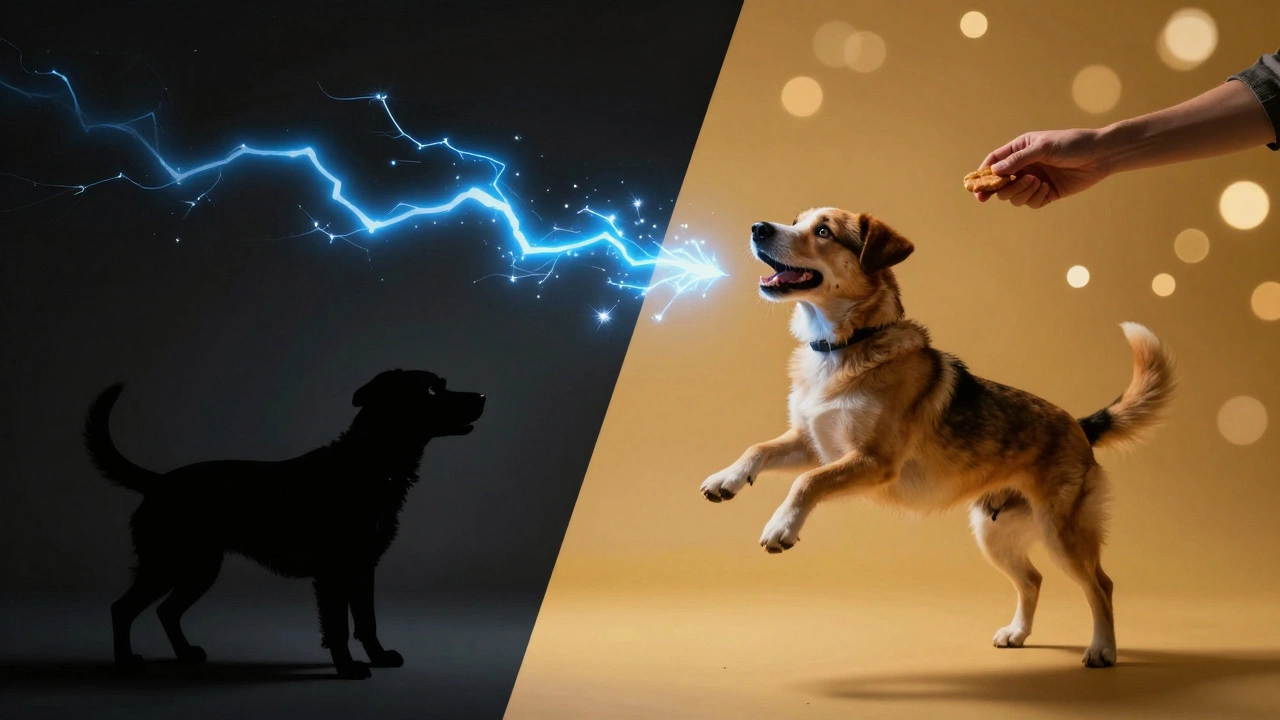 Split image showing a scared dog versus a happy dog receiving a treat