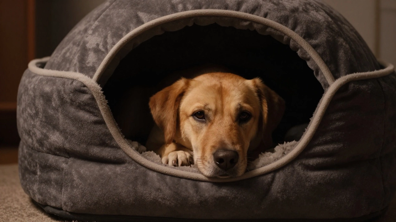 Anxious dog finding comfort inside a dark, enclosed cave-style dog bed