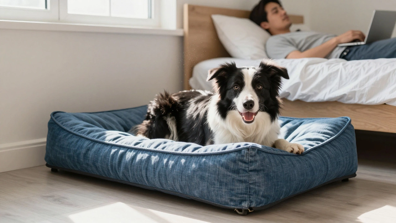 Border Collie resting on a bolster bed next to human owner