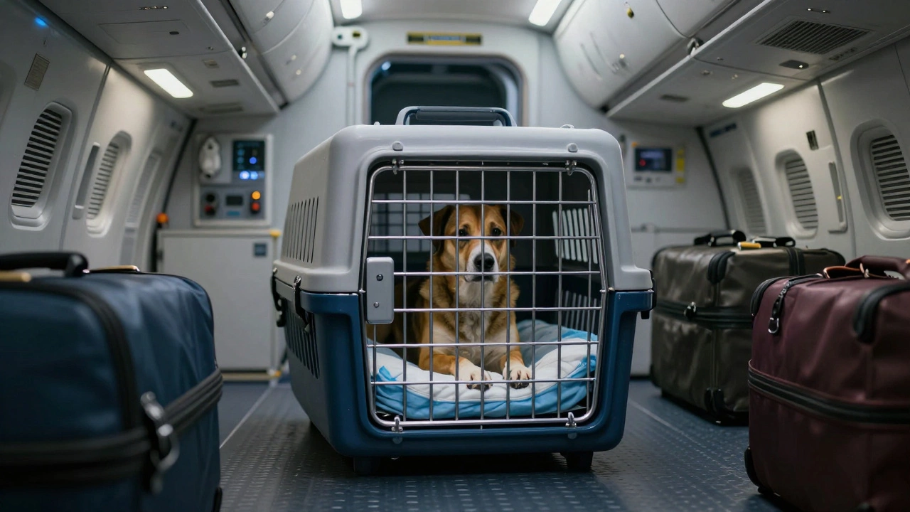 Calm dog resting safely in a ventilated crate inside an airplane cargo hold