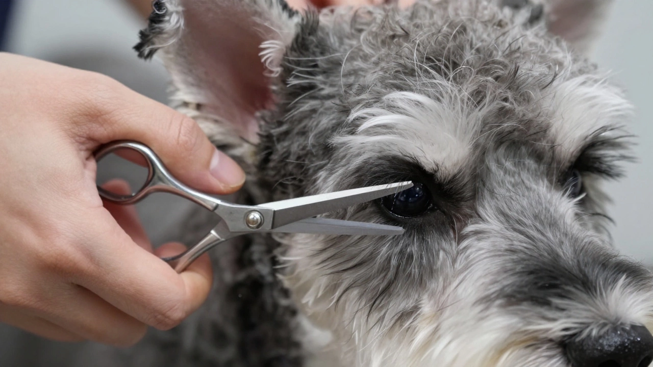 Close-up of scissors precisely trimming fur around a dog's eye