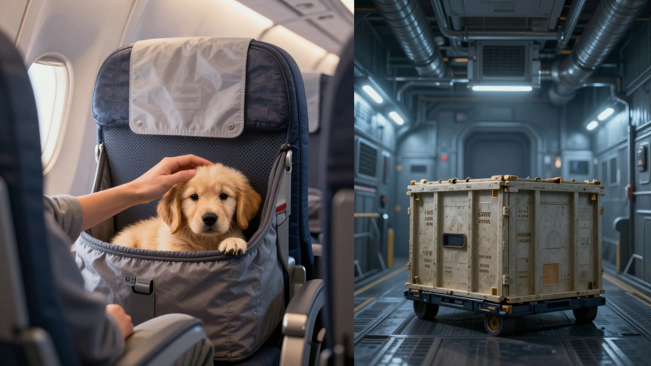 Comparison of a calm dog in-cabin versus a crate in a cargo hold