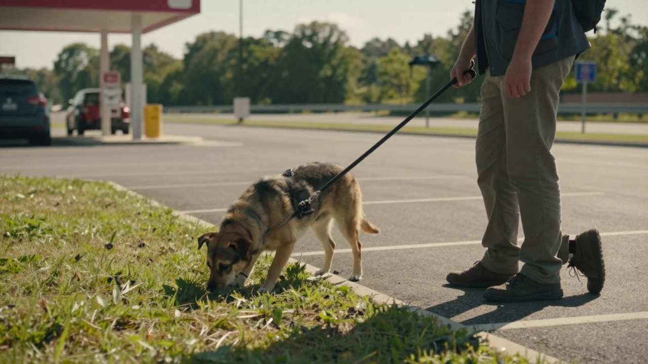 Dog stretching and sniffing grass at a roadside rest stop