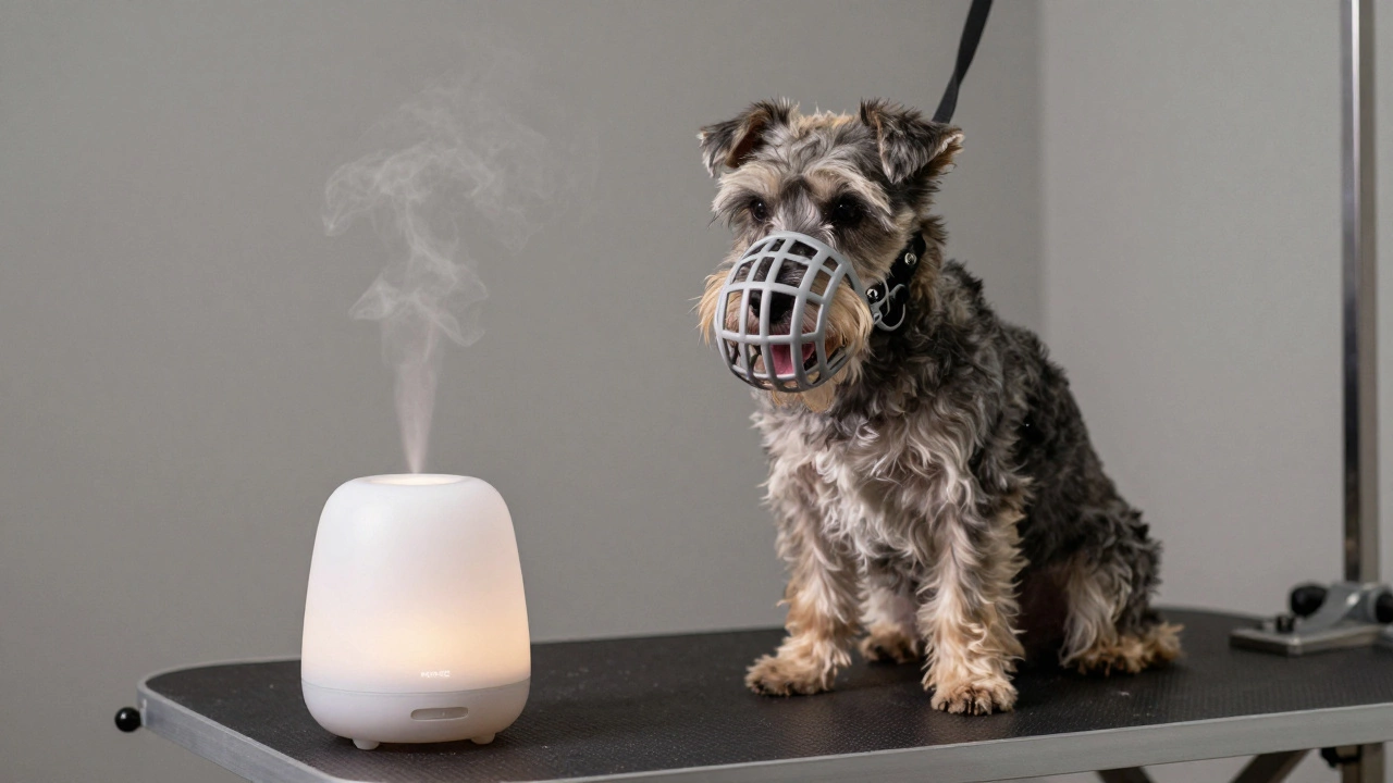 Dog wearing a basket muzzle in a calm, pheromone-filled grooming room.
