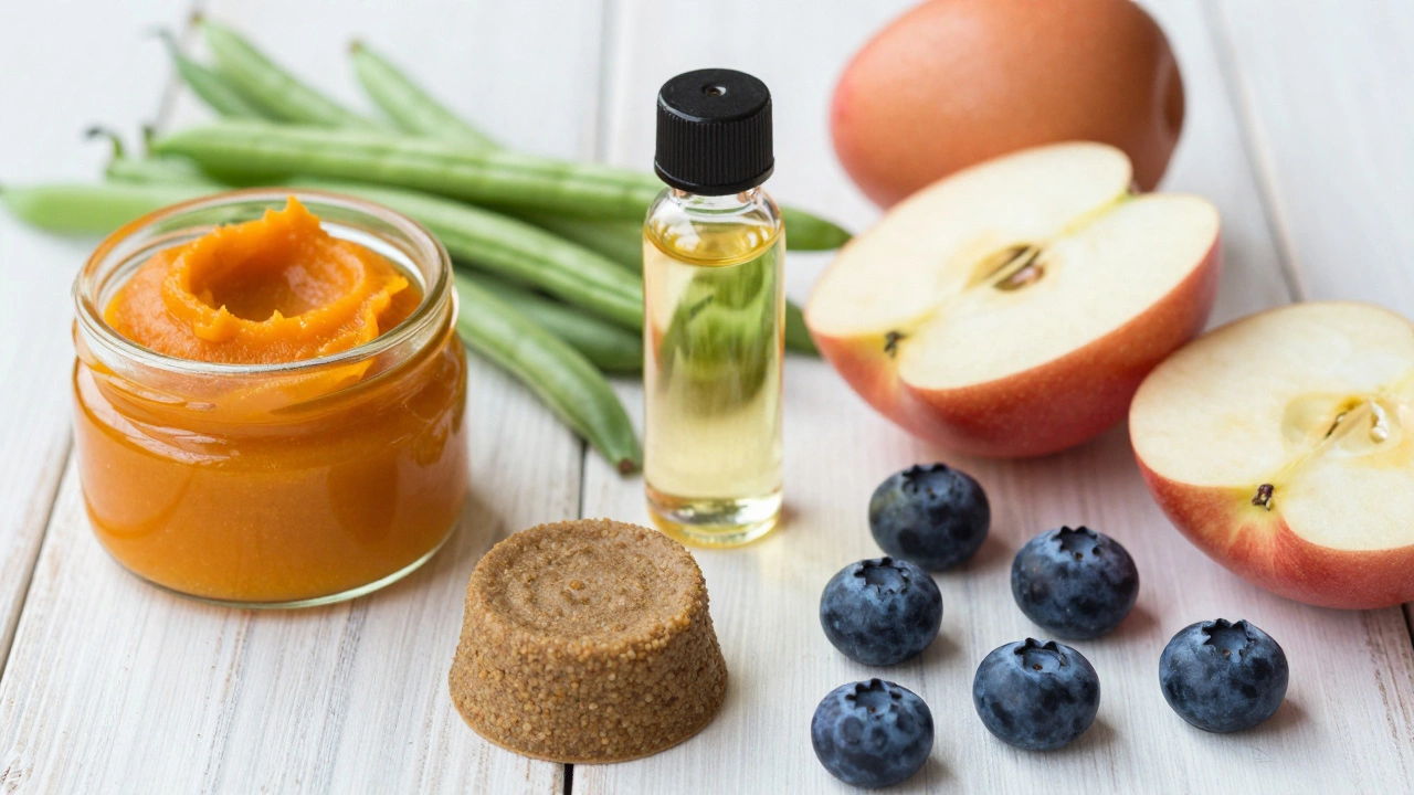 Fresh dog food toppers including pumpkin, green beans, apples, and fish oil on table
