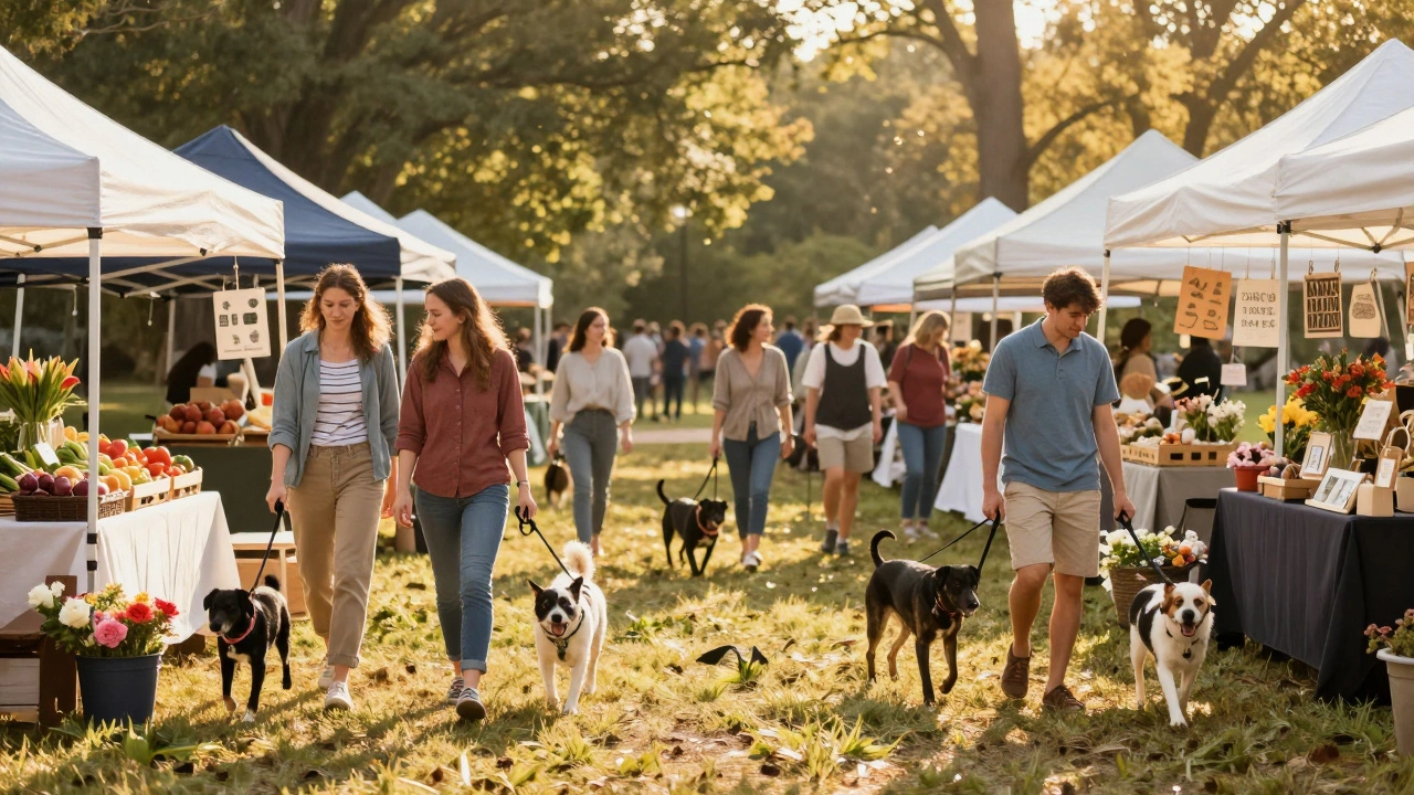 Happy dogs and owners walking at an outdoor farmers market in North Carolina.