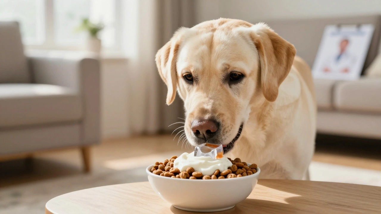 Happy Labrador eating kibble topped with yogurt and broth ice cubes in living room