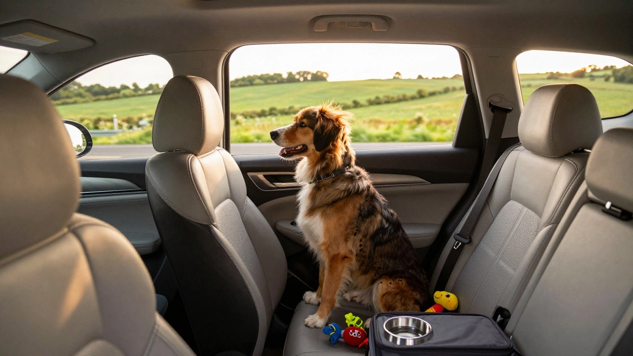 Happy medium-sized dog enjoying a scenic car ride with travel essentials