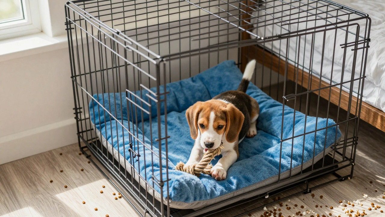 Happy puppy playing with toy inside a comfortable dog crate