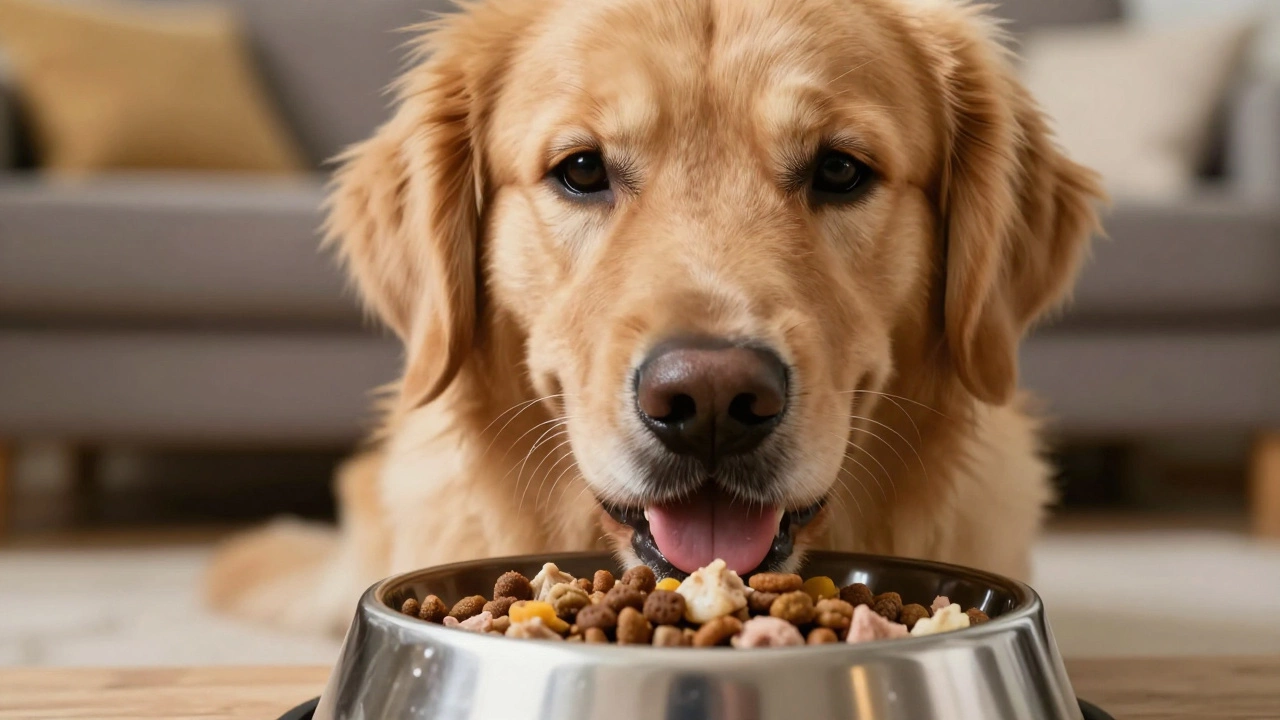 Healthy golden retriever eating mixed kibble and wet food from a metal bowl