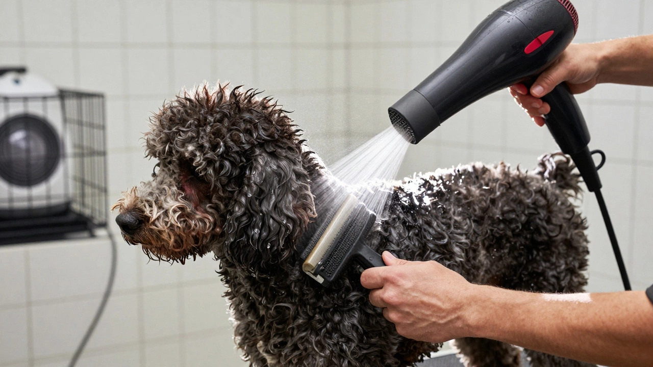High-velocity dryer blowing water from a Poodle's thick undercoat