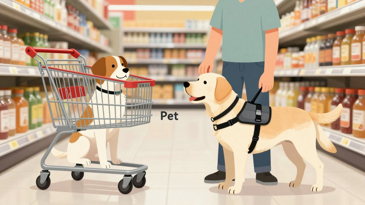 Illustration comparing a quiet pet dog and an active service dog in a store.