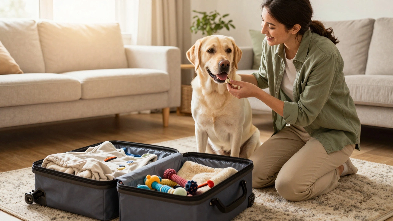 Owner acclimating a dog to a travel carrier with treats and toys