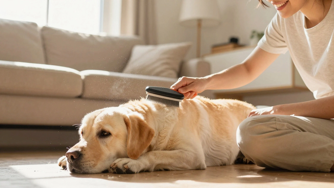 Owner brushing a relaxed Labrador in a sunny living room.