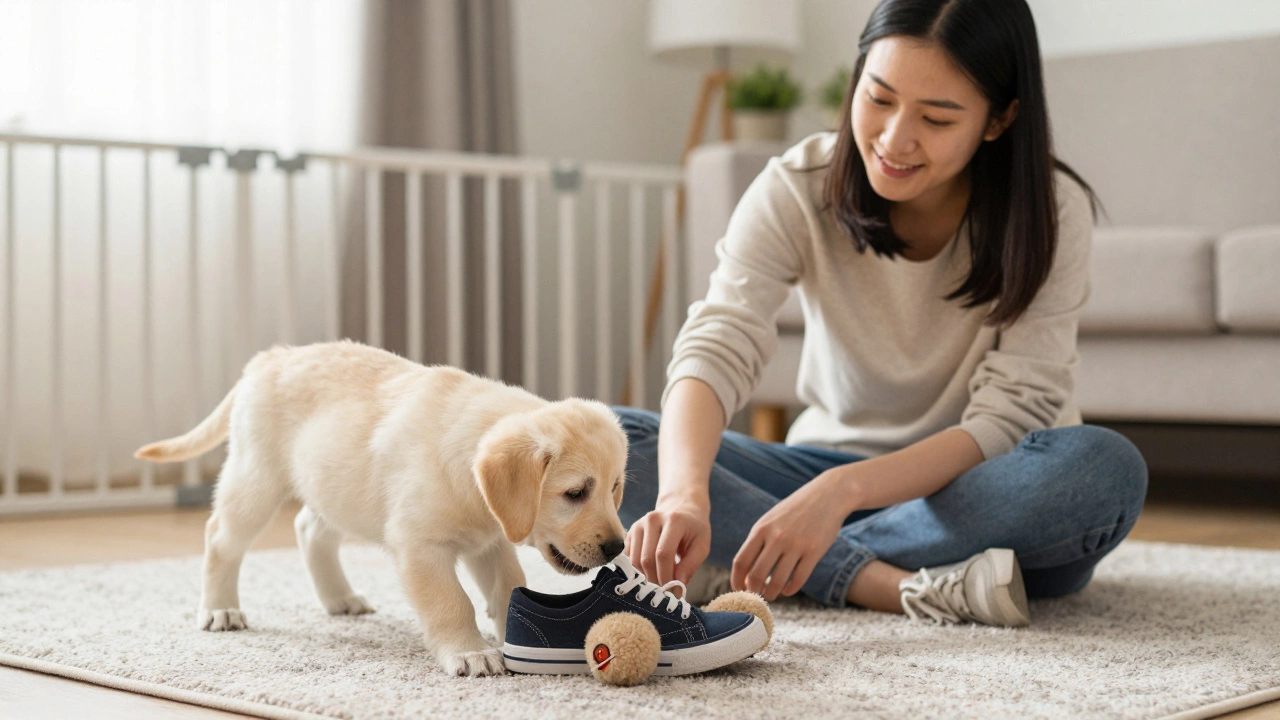 Owner redirecting puppy to appropriate chew toy