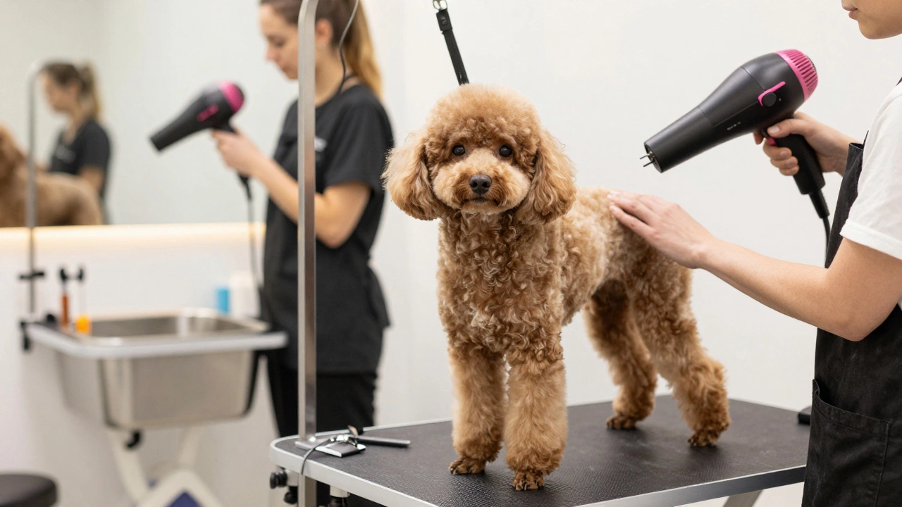 Professional groomer using tools on a calm Poodle in a salon.