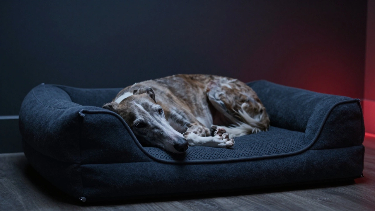 Senior dog resting on orthopedic bed under soft red nightlight