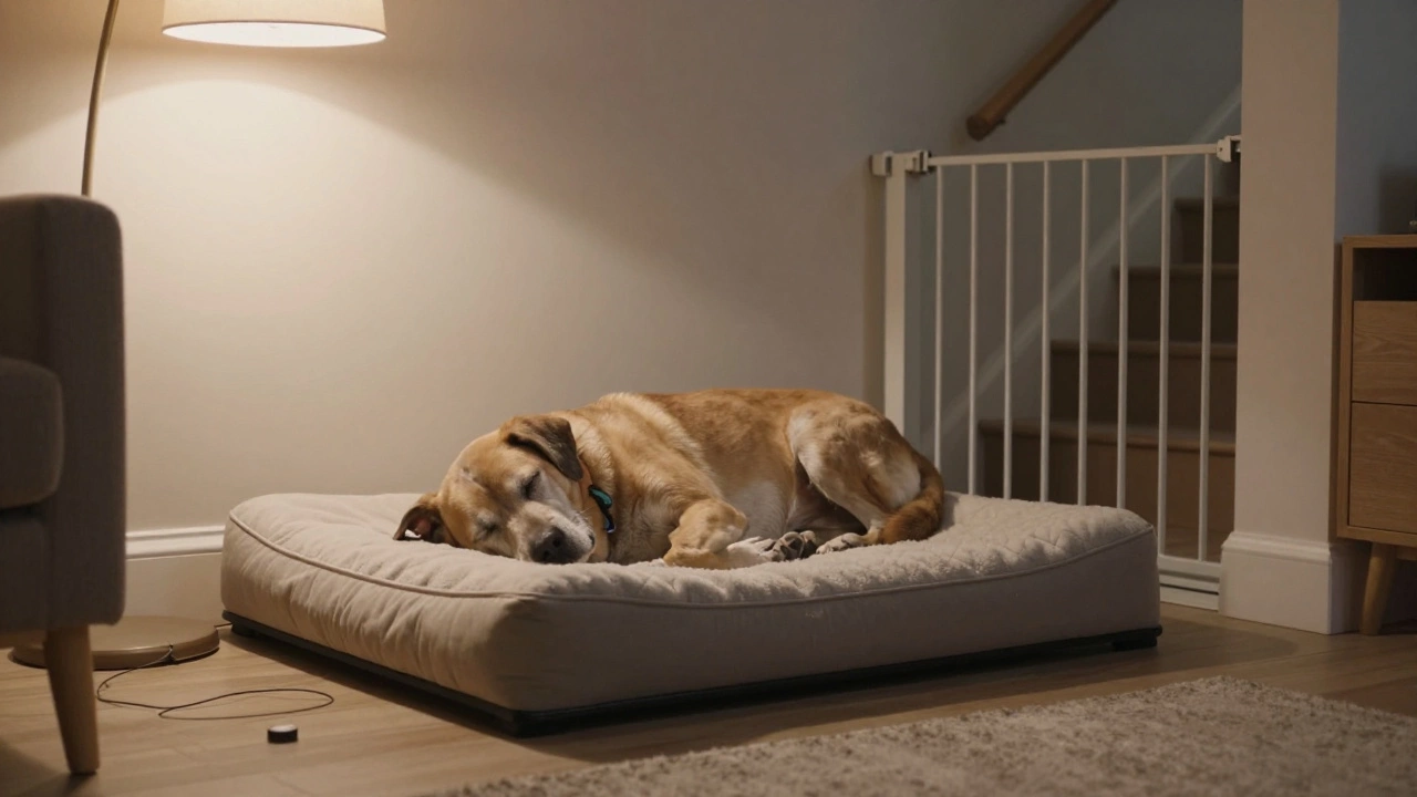 Senior dog sleeping peacefully on an orthopedic bed in a safe room