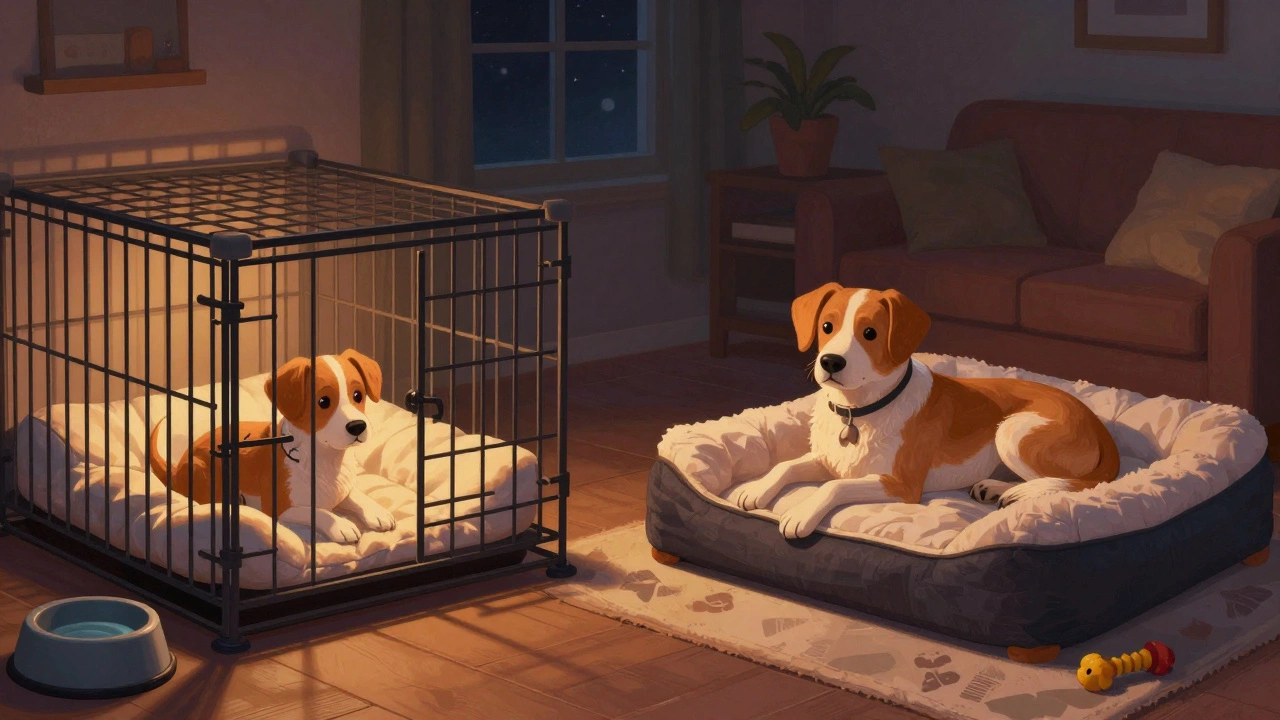 Split view of a puppy in a crate and an adult dog on a bed