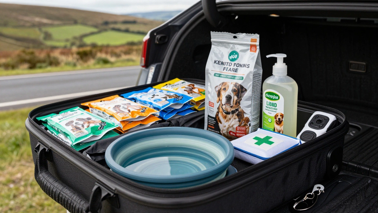 Travel supplies including water bowl and cleaner on a table
