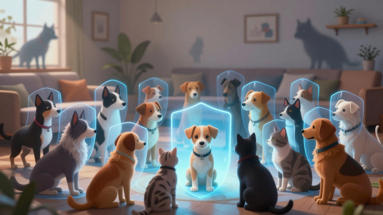 Vaccinated pets forming a protective shield around a puppy