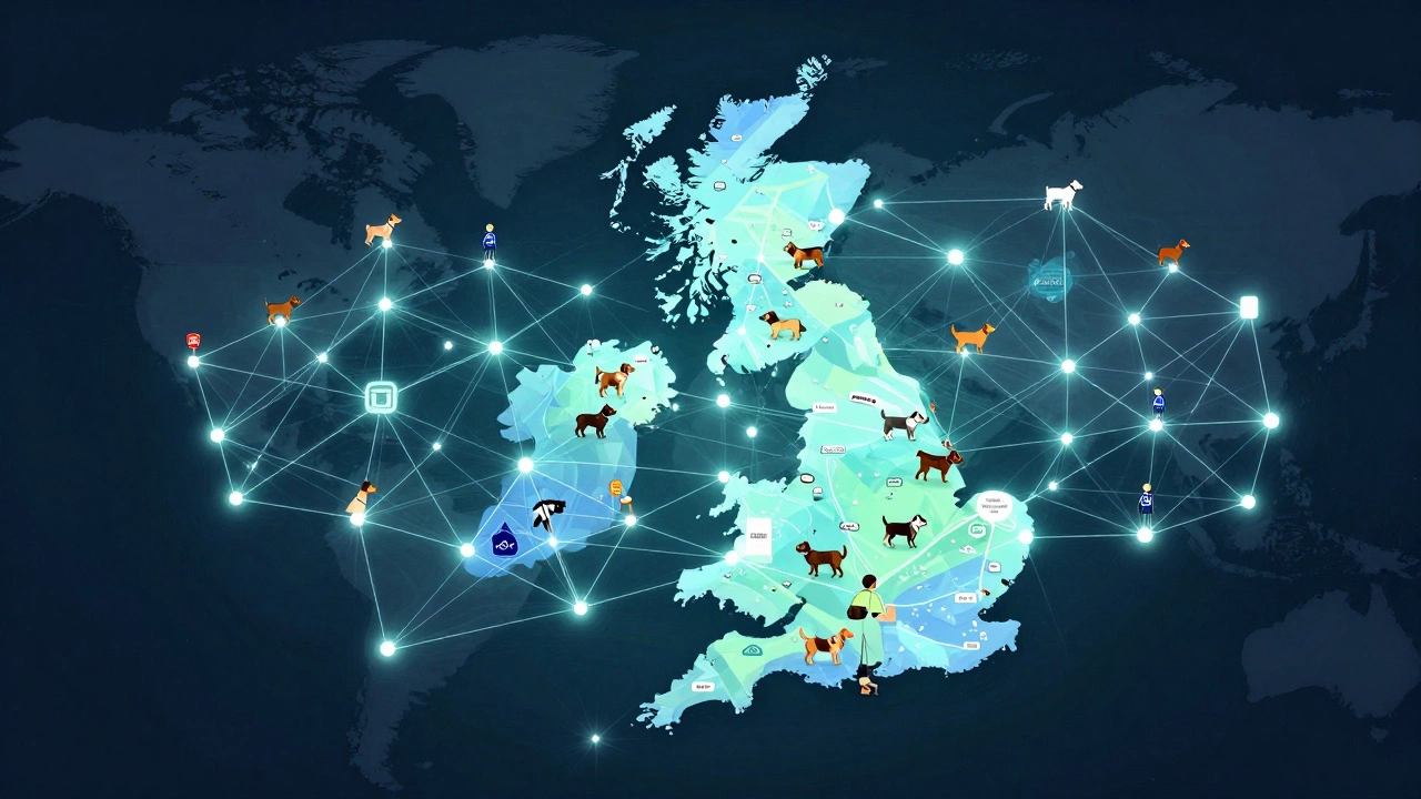 Abstract map showing decentralized network of local dog walkers across UK