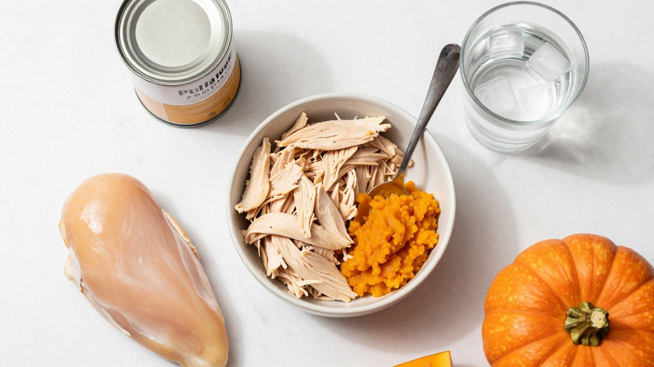 Bowl of shredded chicken and pumpkin puree with fresh ingredients