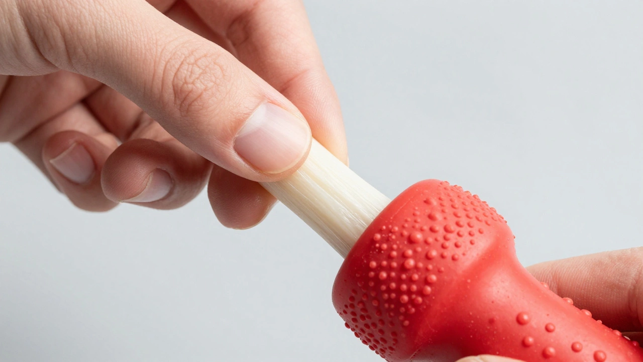 Close-up comparison of a hard antler and flexible rubber toy under pressure