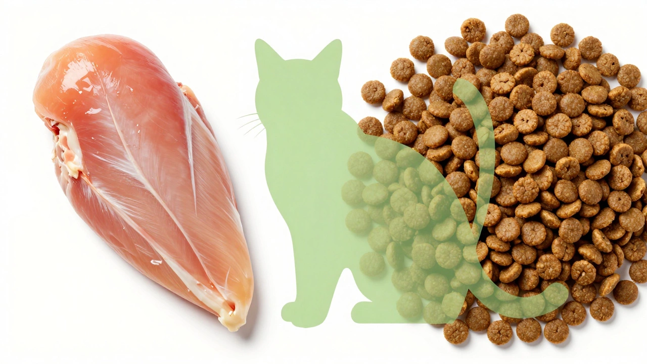 Conceptual image comparing raw meat protein to dry kibble for cats