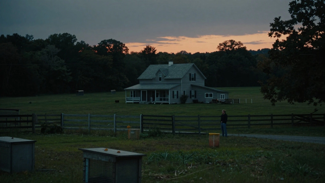 Countryside farmhouse at dusk hinting at unregulated backyard dog breeding operations