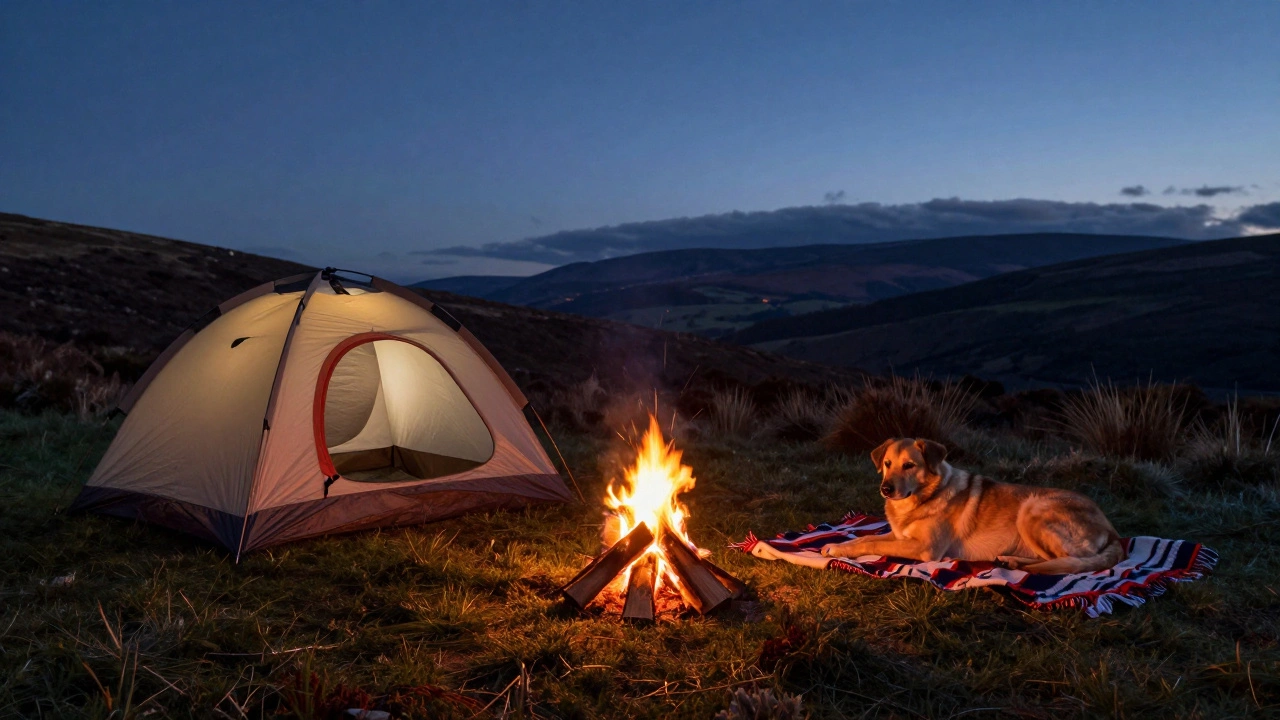 Dog resting by a campfire next to a tent during a budget camping trip