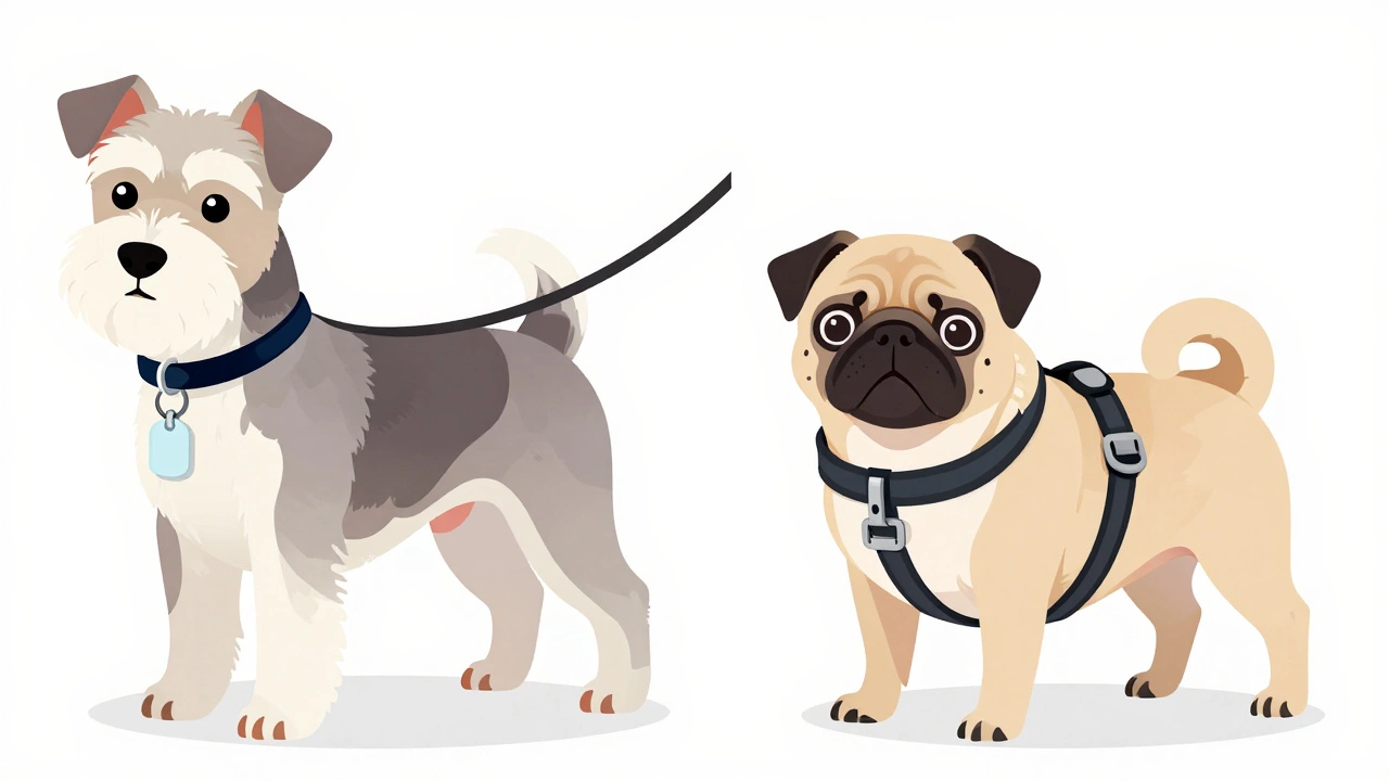 Dog with ID tag collar vs Pug in front-clip harness