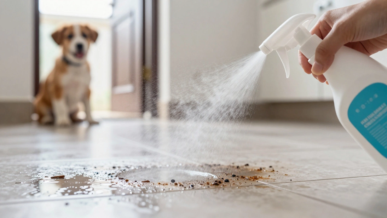 Enzymatic cleaner removing odors from a tiled floor