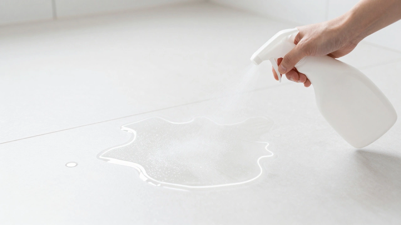 Hand spraying enzymatic cleaner on a clean tiled floor