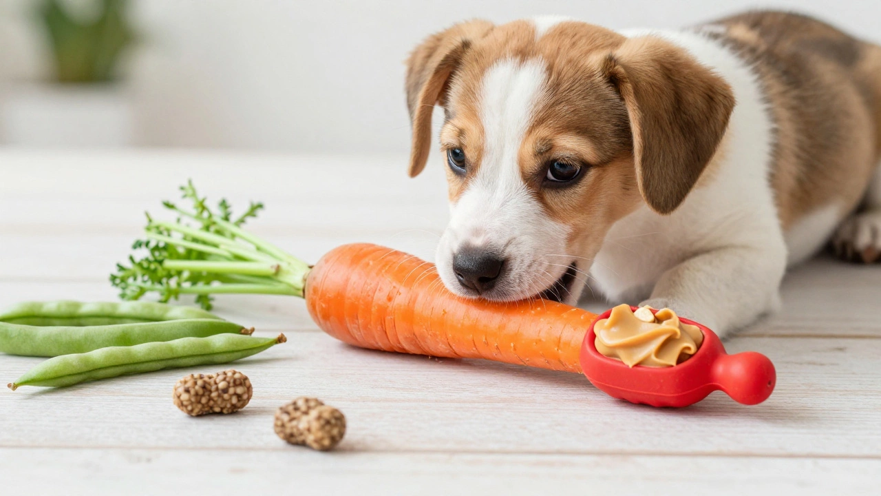 Happy puppy chewing on a frozen carrot and a stuffed rubber toy