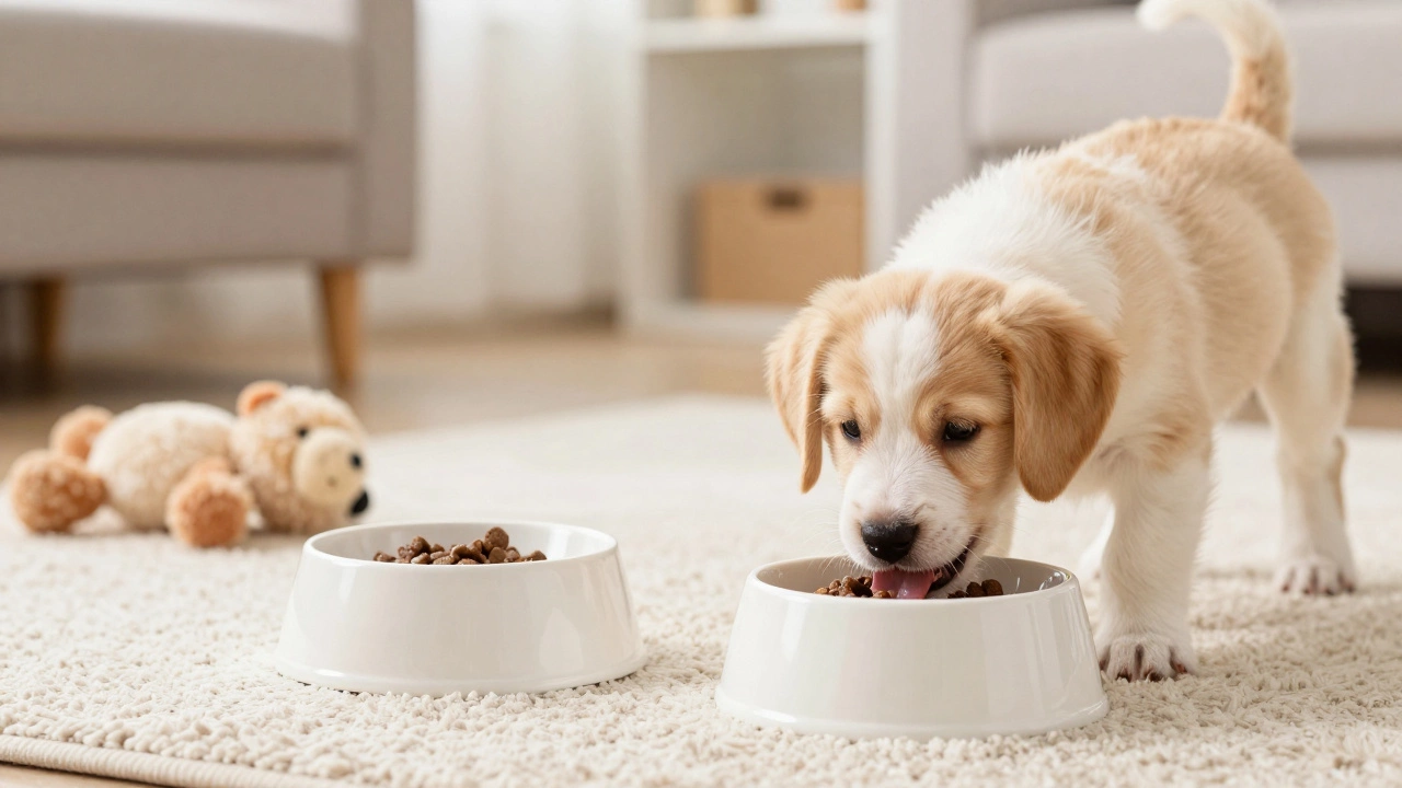 Happy puppy eating from one of two meal bowls