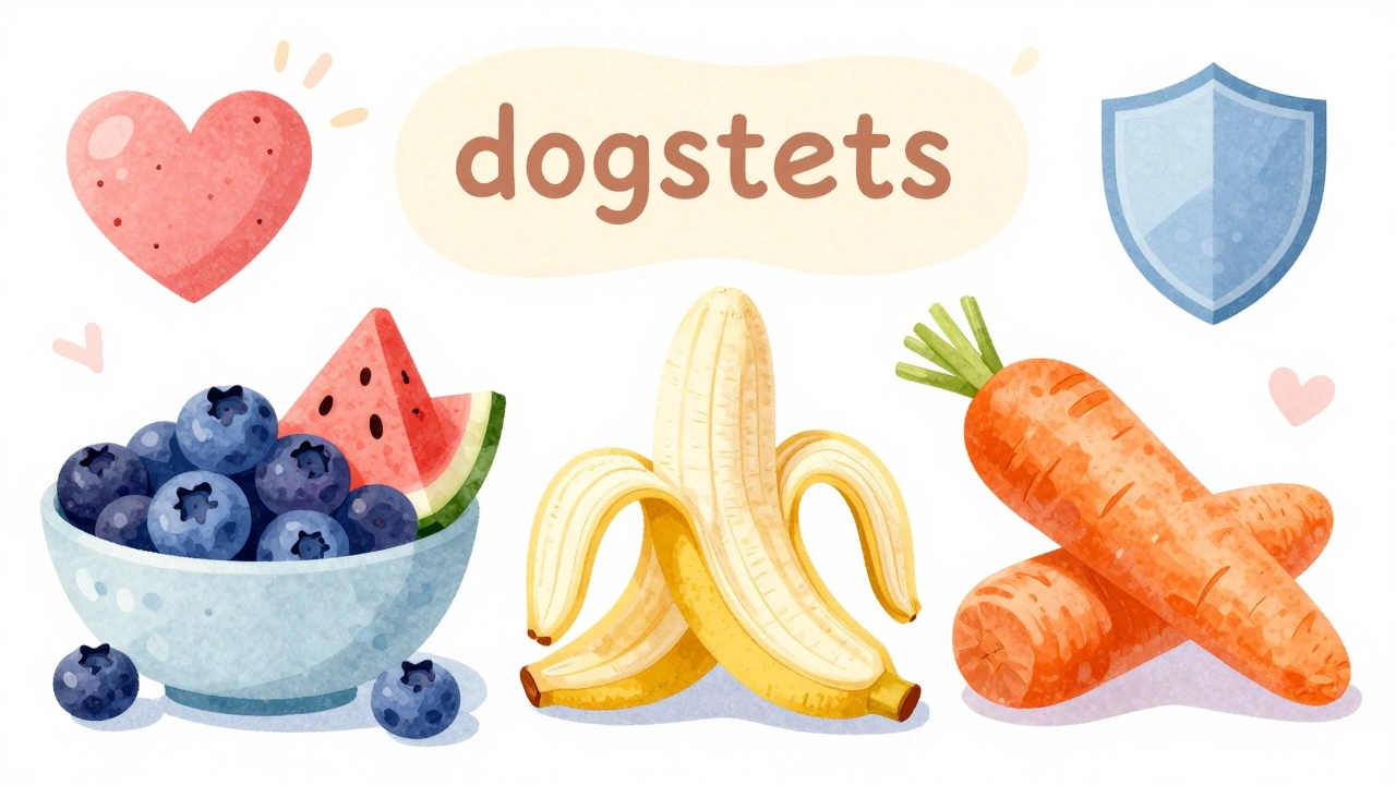 Illustration of safe dog treats including bananas, blueberries, and carrots