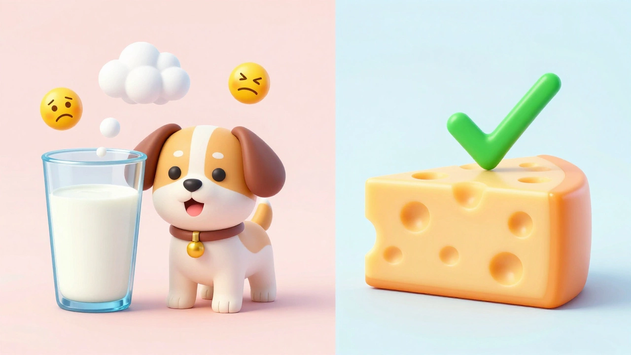 Illustration showing milk causing gas vs hard cheese being safe for dogs