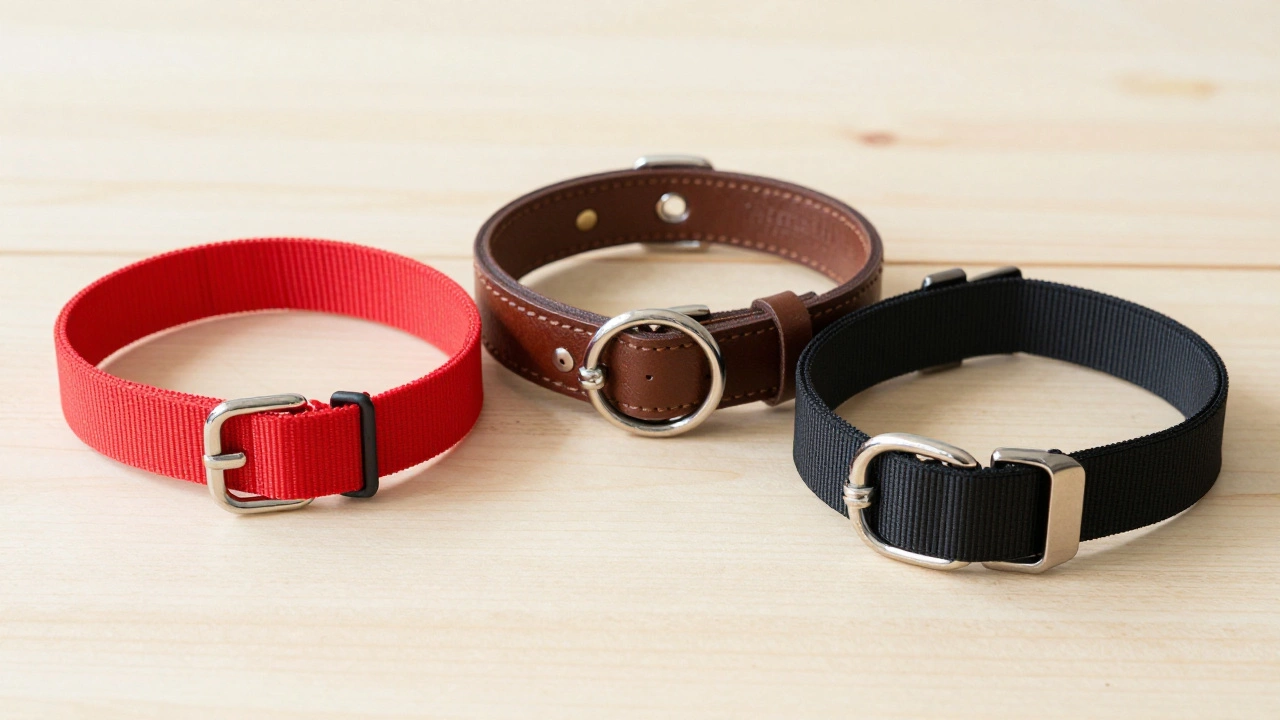 Nylon, leather, and Biothane dog collars displayed