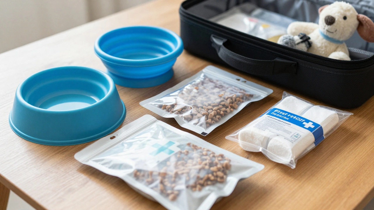 Organized pet travel supplies including food, bowls, and first aid kit