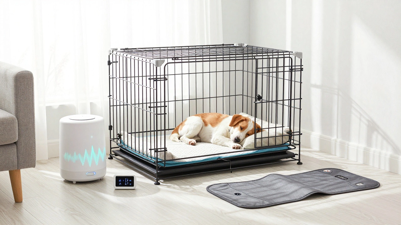 Organized puppy sleep setup with crate, white noise machine, and calming items