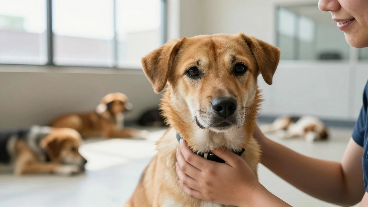 Person bonding with a rescued dog in a bright, clean animal shelter adoption center